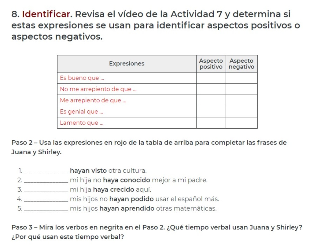 Activities showing how grammar is presented organically in the content